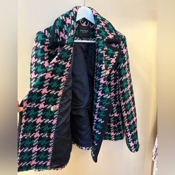 Kate Spade Green Pink Houndstooth Tweed Double breasted Pea Coat Blazer Jacket L - Picture 6 of 10